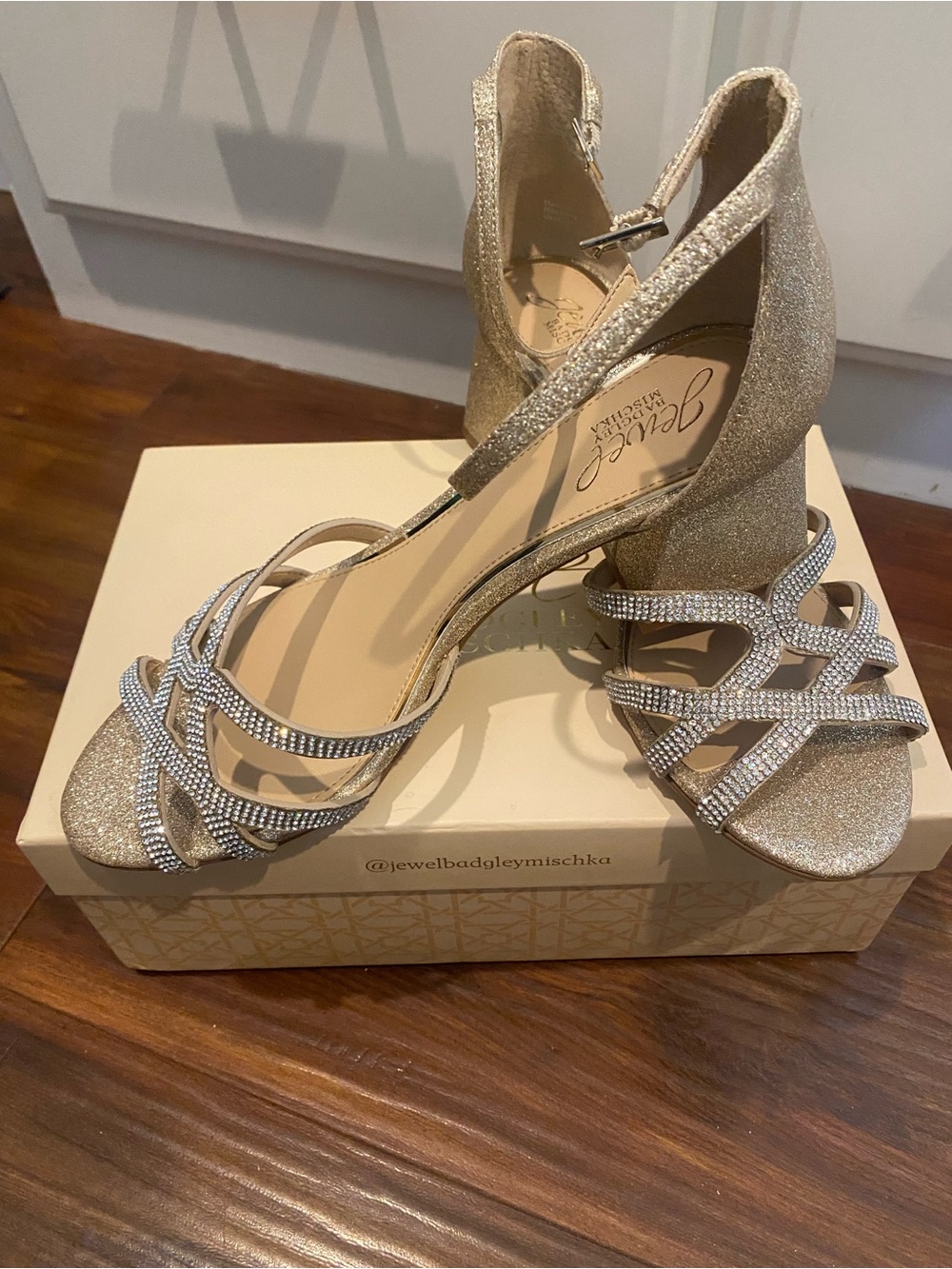 Jewel Badgley Mischka Gold and Silver Crystal Strappy Evening Heels